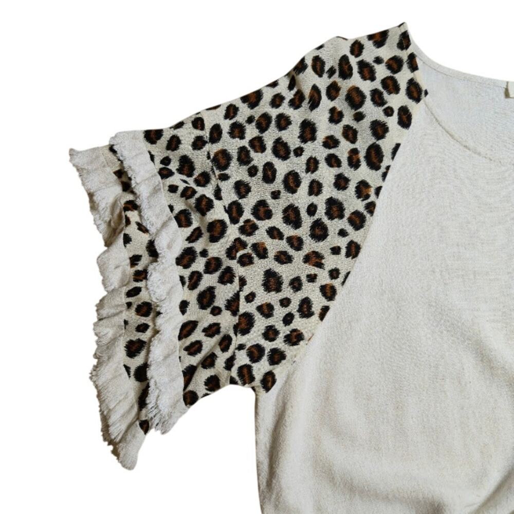 Umgee Womens Linen Blend Tunic Top Large Tan Ruffle Fringe Animal Print Boho - Picture 6 of 10